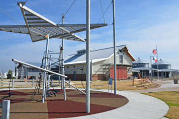 View of building front from the playground area